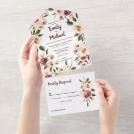 ソフトエレガントバラバーガンディークリームフレーム オールインワン招待状