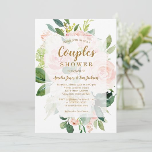 ソフトエレガントピーチ開花の結婚カップルのシャワー 招待状 (スタンド正面)