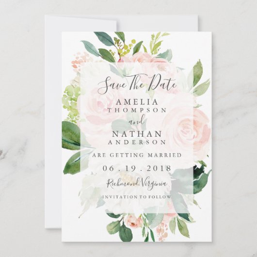 ソフトエレガントピーチ開花結婚式の日付を保存 招待状 (正面)