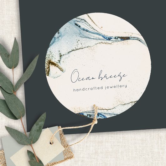 ソフトエレガント抽象芸術ウォーターカラーブルー金ゴールドビーチイ ラウンドシール