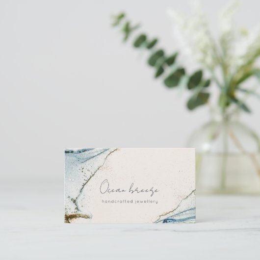 ソフトエレガント抽象芸術ウォーターカラーブルー金ゴールドビーチイ 名刺 (スタンド正面)