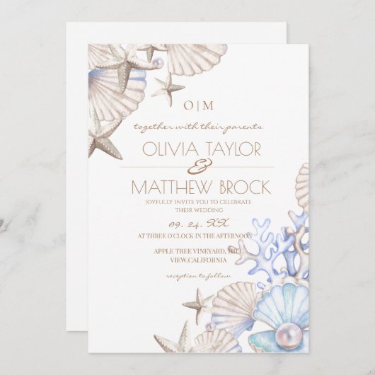 ソフトエレガント海ビーチ結婚式 招待状 (正面/裏面)