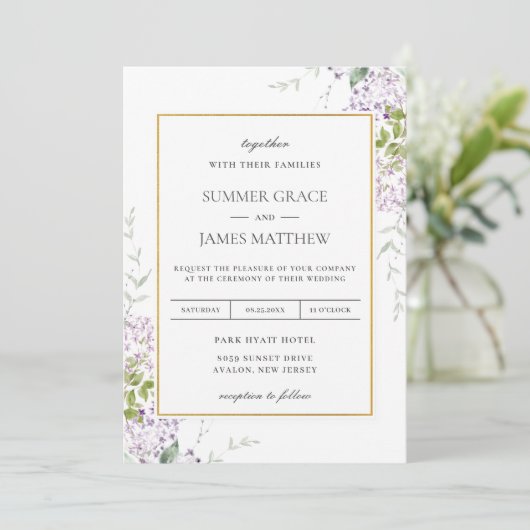 ソフトエレガント薄紫パープルフローラの結婚緑 招待状 (スタンド正面)