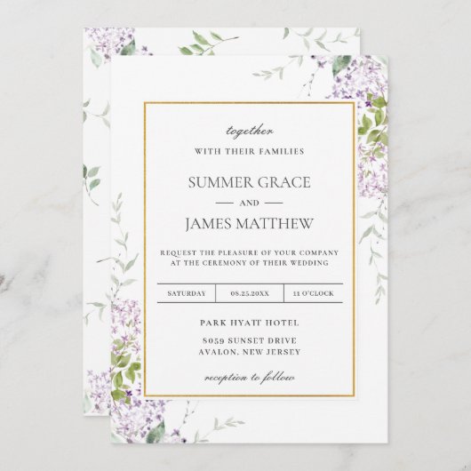 ソフトエレガント薄紫パープルフローラの結婚緑 招待状 (正面/裏面)