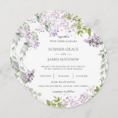 ソフトエレガント薄紫パープルフローラの結婚緑 招待状 (正面/裏面)
