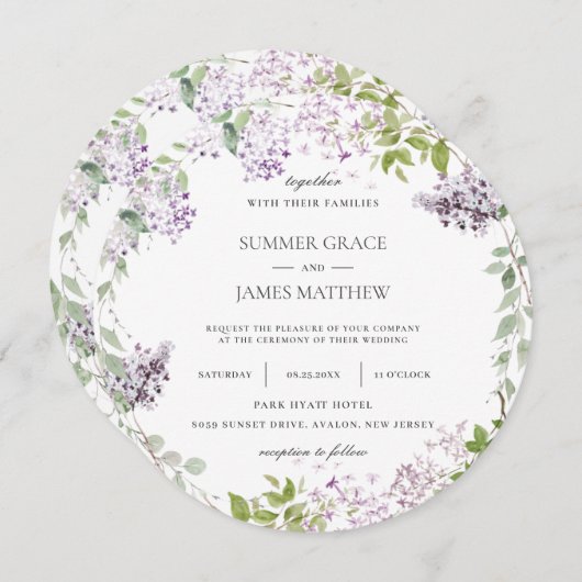 ソフトエレガント薄紫パープルフローラの結婚緑 招待状 (正面/裏面)
