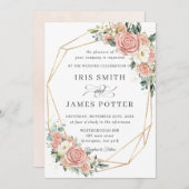 ソフトエレガント赤面アイボリー結婚フローラの幾何学的 招待状 (正面/裏面)