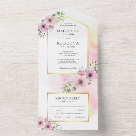 ソフトエレガント赤面ピンクウォーター色フローラ結婚ズ オールインワン招待状 (内側)