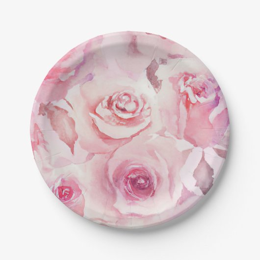 ソフトエレガント赤面ピンクローズフローラ ペーパープレート (正面)