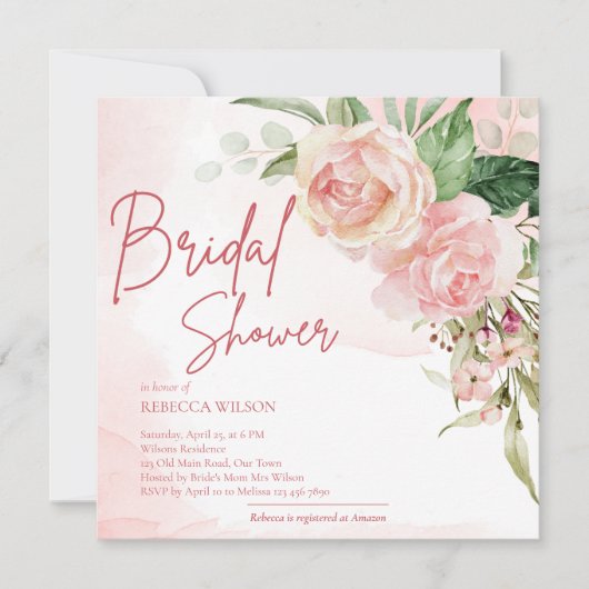 ソフトエレガント赤面ピンクローズブライダルシャワー 招待状 (正面)