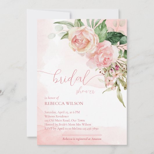 ソフトエレガント赤面ピンクローズブライダルシャワーinvita 招待状 (正面)