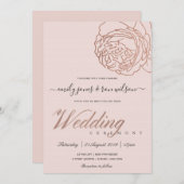 ソフトエレガント赤面ピンクローズ金ゴールド結婚フローラ 招待状 (正面/裏面)