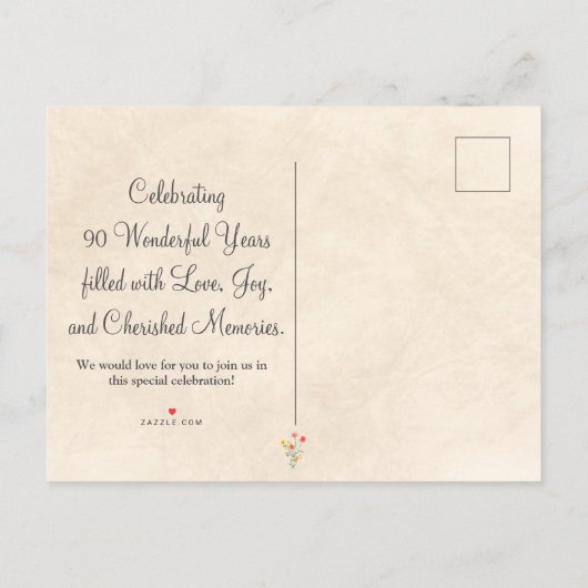 ソフトエレガント90th誕生日パーティーフローラ90年 インビテーションポストカード (裏面)