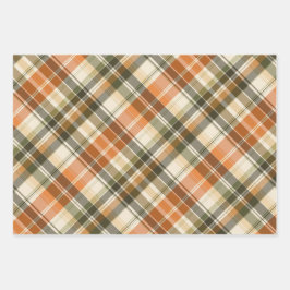 ソフトオレンジ、グリーン&クリームプレイド ラッピングペーパーシート