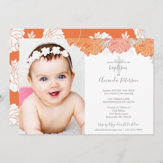 ソフトオレンジ&ピーチピーニークロスガールバプテスマ 招待状 (正面/裏面)