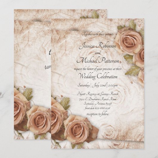 ソフトカラーのバラのウェディング 招待状 (正面/裏面)