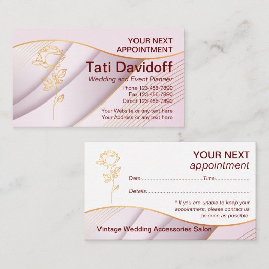 ソフトカラーエレガントピンク金ゴールドアポイントメントカード 予約カード (正面/裏面)