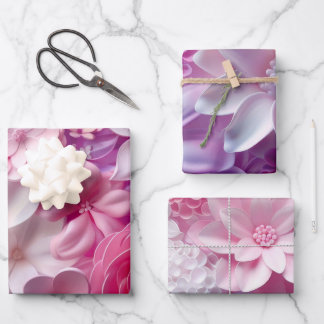 ソフトカラーエレガント3Dピンクの花パターンフローラ ラッピングペーパーシート