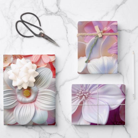 ソフトカラーエレガント3Dピンクの花花びらフローラ ラッピングペーパーシート (正面)