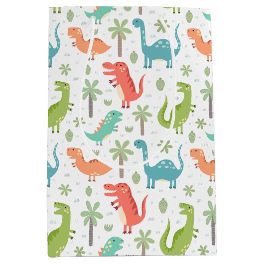 ソフトカラー恐竜のヤシの木の子供 ミディアムペーパーバッグ (正面)