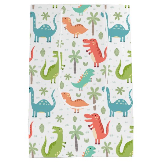 ソフトカラー恐竜のヤシの木の子供 ミディアムペーパーバッグ (裏面)