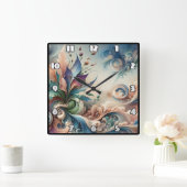 ソフトカラー鮮やかの抽象芸術フローラデザイン スクエア壁時計 (ホーム)