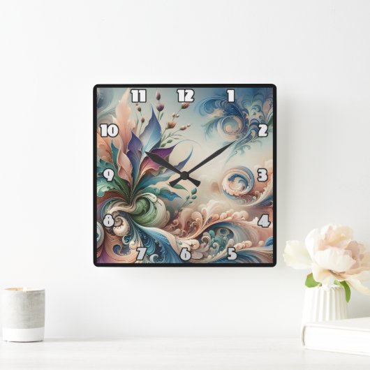 ソフトカラー鮮やかの抽象芸術フローラデザイン スクエア壁時計 (ホーム)