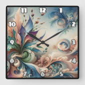 ソフトカラー鮮やかの抽象芸術フローラデザイン スクエア壁時計 (正面)