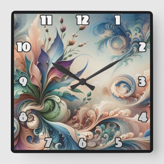 ソフトカラー鮮やかの抽象芸術フローラデザイン スクエア壁時計 (正面)