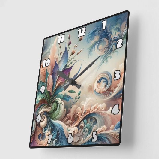 ソフトカラー鮮やかの抽象芸術フローラデザイン スクエア壁時計 (傾斜)