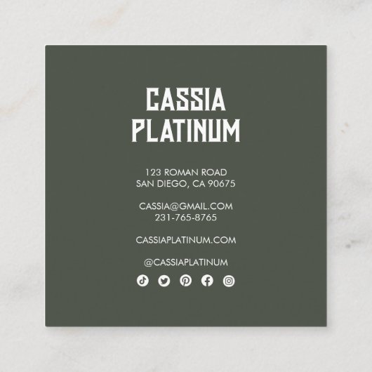 ソフトカーブオリーブニュートラルミニマリストソーシャルアイコン スクエア名刺 (裏面)