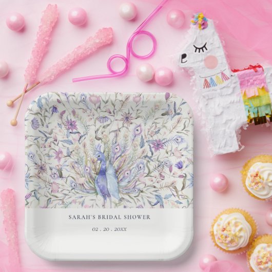ソフトクラッシーウォーターカラーピーコックフローラブライダルシャワー ペーパープレート (パーティー)