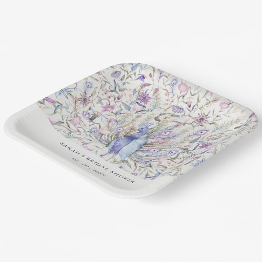 ソフトクラッシーウォーターカラーピーコックフローラブライダルシャワー ペーパープレート (傾斜あり)