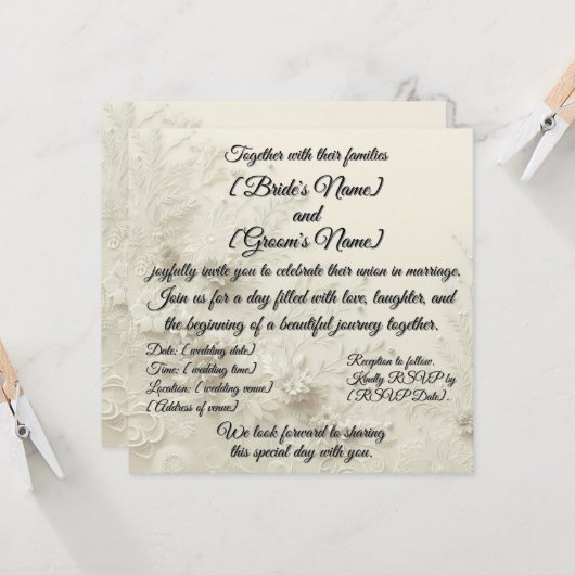 ソフトクリーミーなレースデザイン&フローラ結婚式招待状 招待状 (正面/裏面インサイチュ)