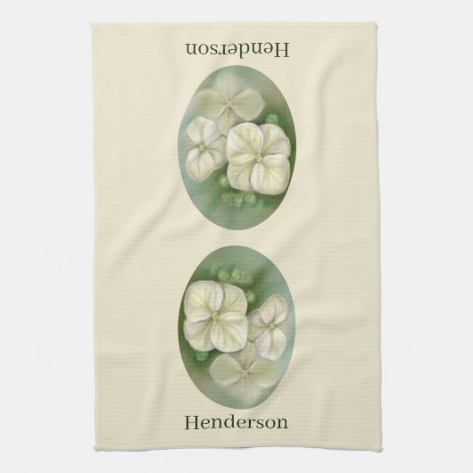 ソフトクリームホワイトパステルアジサイフローラ キッチンタオル (縦)