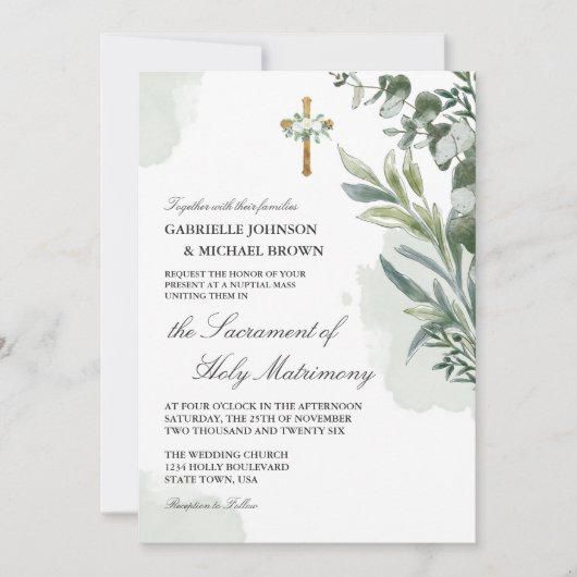 ソフトグエレガントリーンフローラ塊結婚の 招待状 (正面)