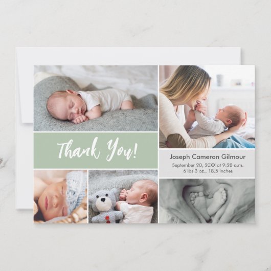 ソフトグモダンリーンカスタムフォトコラージュベビー誕生 サンキューカード (正面)