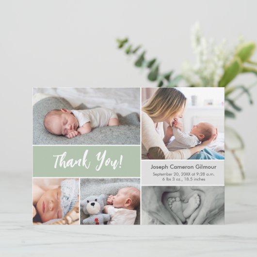ソフトグモダンリーンカスタムフォトコラージュベビー誕生 サンキューカード (スタンド正面)