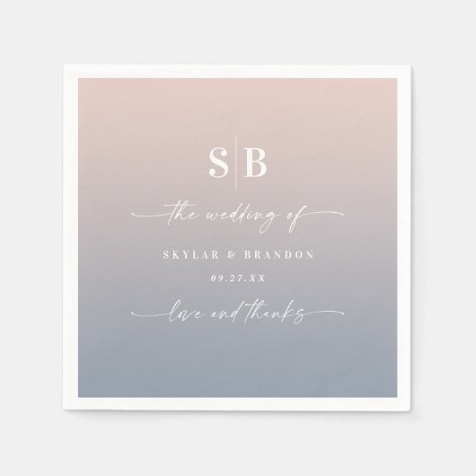 ソフトグラデーション赤面ピンクダスティブルー結婚ズモノグラム スタンダードカクテルナプキン (正面)