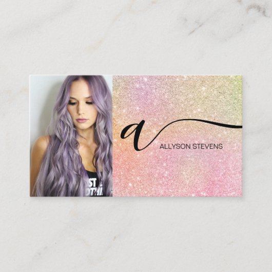 ソフトグリッターヘアメイクアップ写真イニシャルqrコード 名刺 (正面)