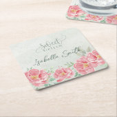 ソフトグリーンとピンクのフローラSweet sixteen スクエアペーパーコースター (アングル)