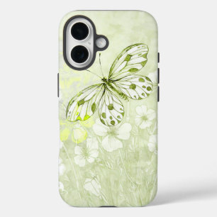 ソフトグリーンの花と蝶のスマホケース iPhone 16ケース