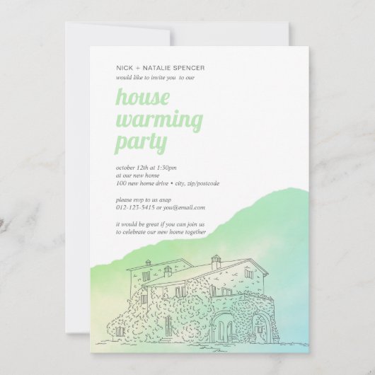 ソフトグリーンウォーターの色の家の暖かいパーティー 招待状 (正面)