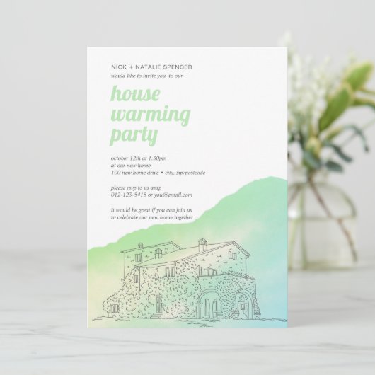 ソフトグリーンウォーターの色の家の暖かいパーティー 招待状 (スタンド正面)