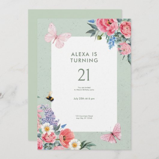 ソフトグリーンエステティックウォーター誕生日 招待状 (正面/裏面)