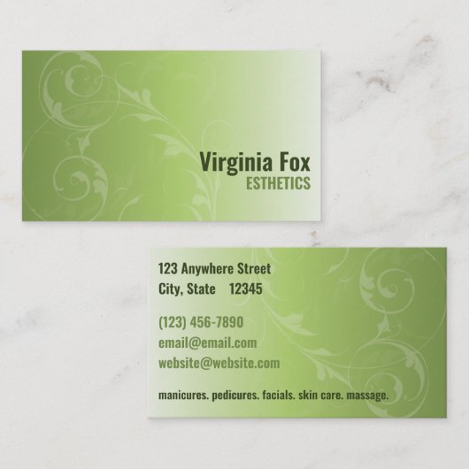 ソフトグリーンエレガントサロンまたはスパ名刺 名刺 (正面/裏面)