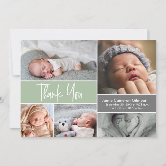 ソフトグリーンカスタムフォトコラージュ誕生ベビーシャワー サンキューカード (正面)