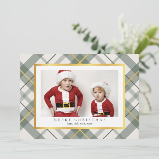 ソフトグリーンタータンチェックプレイドフェイク金ゴールドクリスマスカード シーズンカード (スタンド正面)
