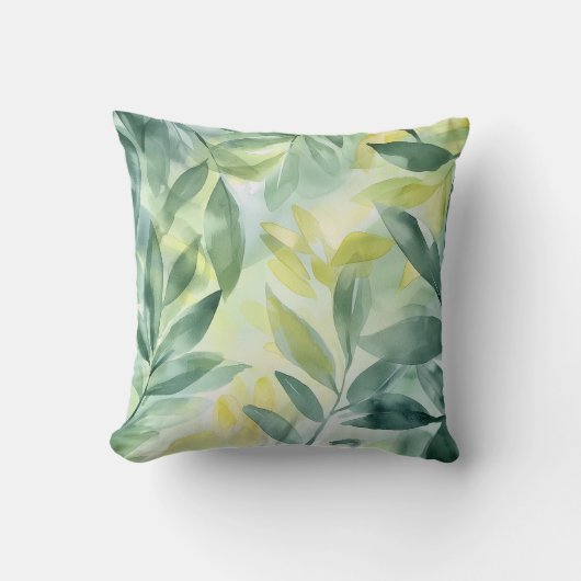 ソフトグリーンリーフ水彩枕 クッション (正面)