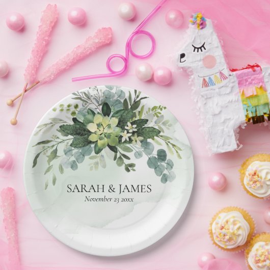 ソフトグリーン多肉性結婚フローラ植物学 ペーパープレート (パーティー)